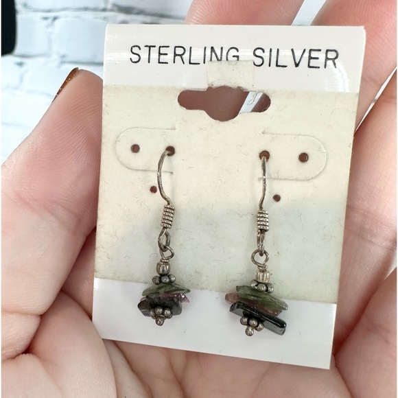 Jewelry - Sterling Silver Green Purple Dangle Earrings Natural Stones